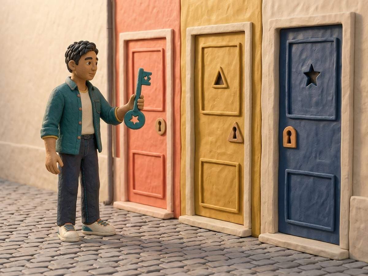 A clay figure holding a key with a star-shaped head, standing in front of three doors on a cobbled street, coral, yellow and dark blue, and only the blue one has a star cut into it